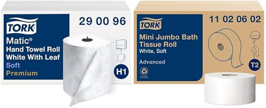 Tork Matic Soft Hand Towel Roll & Mini Jumbo Bath Tissue Roll - Toilet Paper Towels with Advanced Soft Quality, Compatible with T2 Dispenser, 12 rolls x 1075, 2-Ply Sheets, Color: White, 11020602