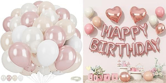 Rose Gold Happy Birthday Balloon Banner with Pearl White Pink Balloons, Boho Double Stuffed Pearl White and Pink balloons for Women Girls Birthday Baby Shower Bridal Shower Wedding Engagement Decor