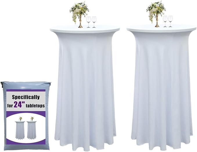 2-Pack 24"x43" White Round Cocktail Table Skirts | Stretch Spandex Fitted Tablecloths | Stain-Resistant, Wrinkle-Resistant, and Machine Washable for Bars, Weddings, Parties, and Banquets