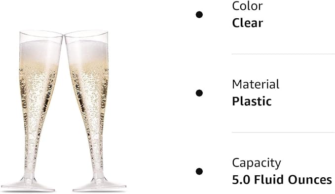 Munfix 100 Plastic Champagne Flutes - 5 Oz Disposable Clear Champagne Glasses for Parties, Mimosa Bar, Events, Wedding and Shower Party Supplies - Toasting Cocktail Cups