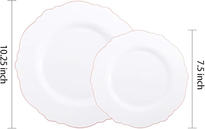 WDF 100pcs Rose Gold Plastic Plates-Baroque White &Rose Gold Disposable Plates including 50Plastic Dinner Plates 10.25inch,50Salad Plates 7.5inch for Wedding/Parties/Mother's Day
