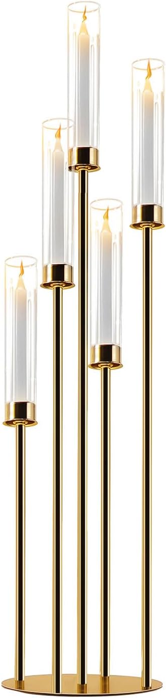 Gold Candelabra with Glass Cylinders for Real Candles 5 Arms Metal Candle Holder Wedding Event Party Home Decoration Centerpiece (1, L)