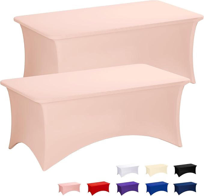 Fixwal Pink Tablecloths for 8 Foot Rectangle Tables, 2 Pack Spandex Stretch Fitted Table Covers for Party, Trade Show, Banquet, Wedding, Buffet