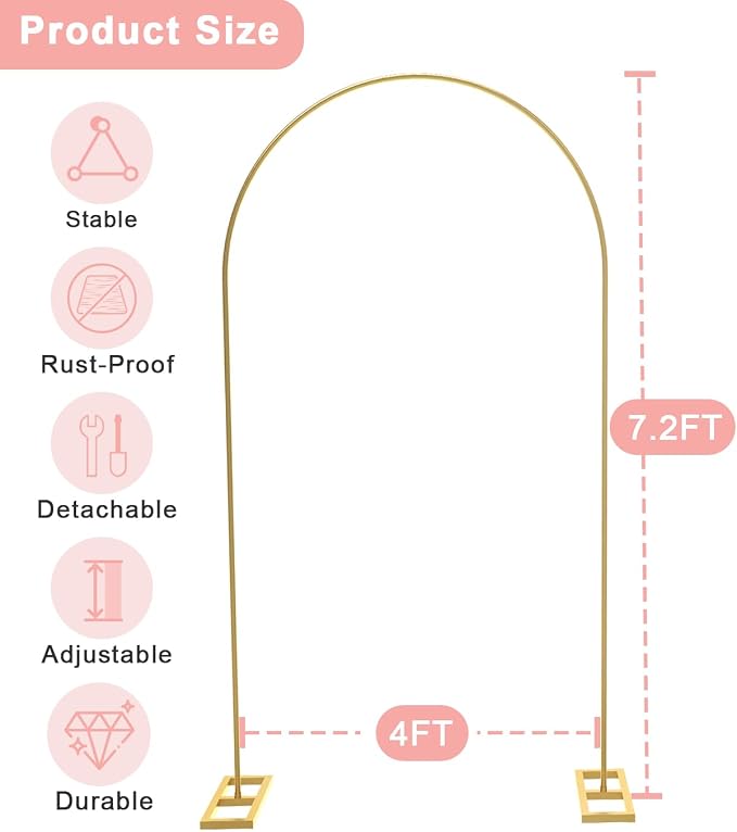Queension 7.2FT Arch Backdrop Stand, Metal Wedding Arch Stand for Ceremony, Backdrop Stand Arch Frame with Base for Birthday Party Baby Shower Balloon Arch Decorations, Gold