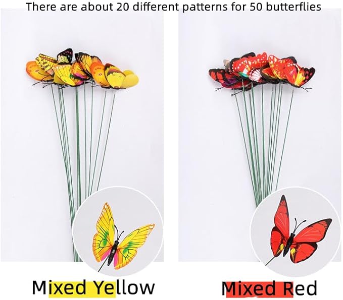 3D Butterfly Garden Stake Decor,10" PVC Butterfly Garden Decor for Outside,Shaking Head Artificial Butterflies for Cake Bouquet Wall Lawn Pathway Plant Pot Flower Bed Yard Decor (50, Red)