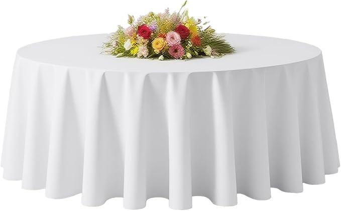 BESTVIP 60 Inch White Washable Round Polyester Fabric Tablecloths | Fits 20"-48" Tables |Decorative Fabric Table Cover for Dining Tables, Restaurant, Parties, Banquet, Events, Holiday