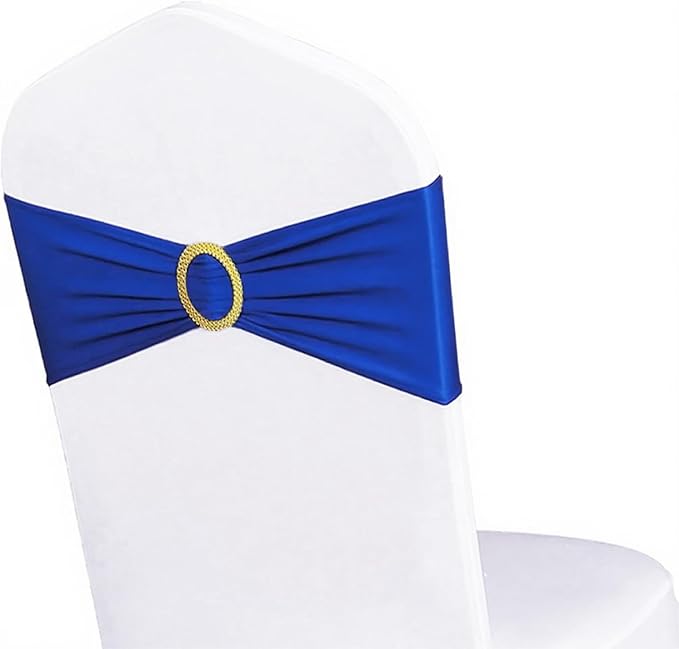 Pack of 50 Spandex Royal Blue Chair Sashes with Gold Buckles, Stretch Chairs Sashes for Wedding Party Baby Shower Ceremony Event Decorations Chair Bands Bows (Royal Blue Sashes, Gold Buckles)