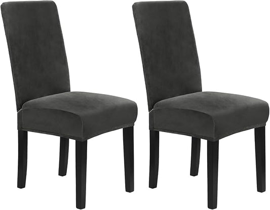 MOSAYT Velvet Stretch Chair Covers for Dining Room Set of 2 - Soft Slipcovers with Thick Removable Fabric for Parsons Chairs, Washable Seat Protectors for Kitchen, Banquet & Home Decor, Dark Grey