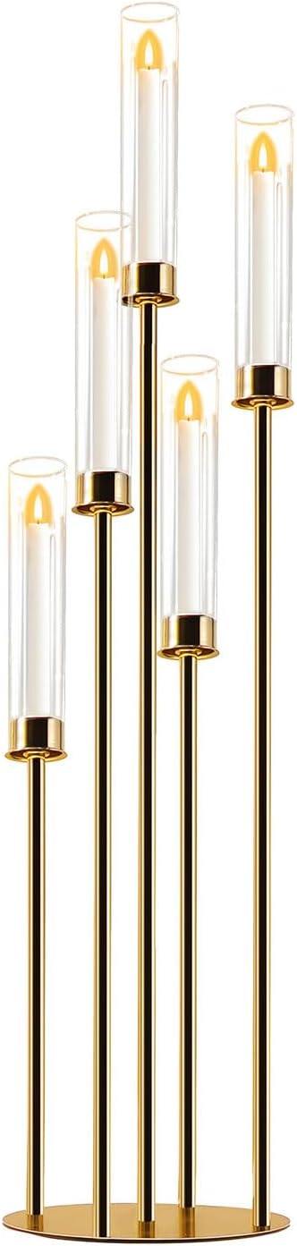 Candelabra Gold Centerpiece 5 Arms Taper Candle Holder Gold Centerpiece with Acrylic Tubes for Table Decoration Wedding Event Party Aisle Stage Home Decor (1, L)