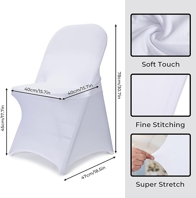 Babenest 100PCS Spandex Folding Chair Covers, Upgraded Universal Stretch Washable Fitted Chair Slipcovers Protector for Wedding, Holidays, Banquet, Party, Celebration (White)