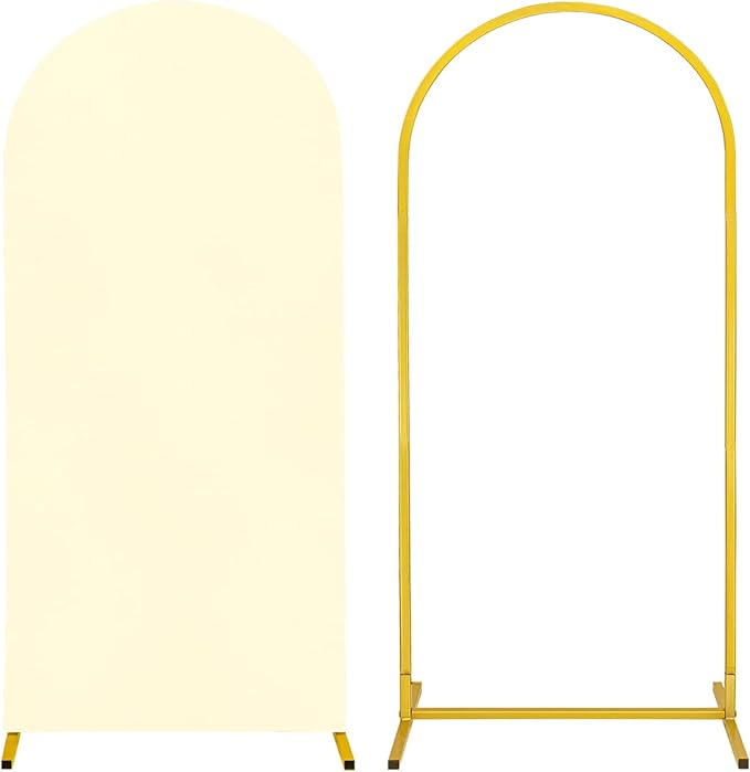 Metal Arch Stand and Cover Set,1 Ivory Spandex Fitted Backdrop with 1 Gold Wedding Arched Stand Frame for Parties Birthday Baby Shower Bridal Banquet Decoration (6FT)