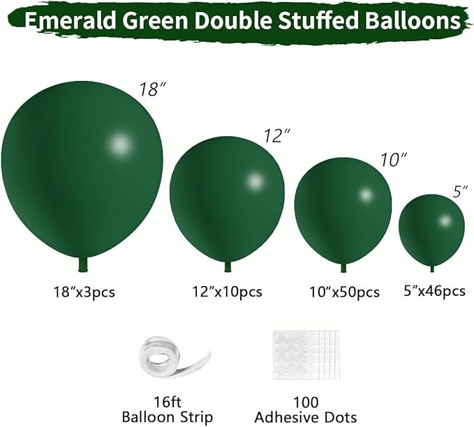 Emerald Green Double Stuffed balloons Different Size 115Pcs 5/10/12/18 Inch Dark Green Balloons Balloon Garland Arch kit for Birthday Baby Shower Jungle Safari Christmas Party