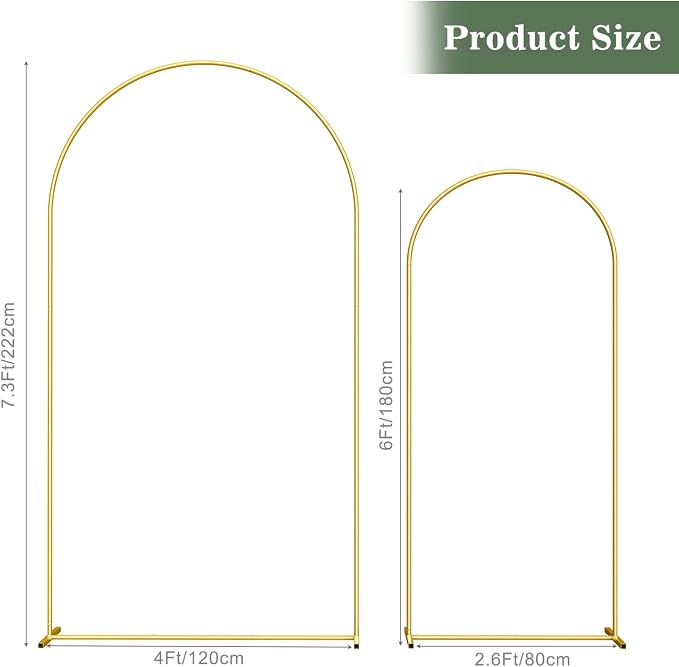Wedding Arch Backdrop Stand Set of 2 (7.3FT/6FT), Gold Metal Arch Backdrop Stand,Balloon Arch Stand for Wedding Ceremony Baby Shower Outdoor Indoor Birthday Party Graduation Decoration,Gold
