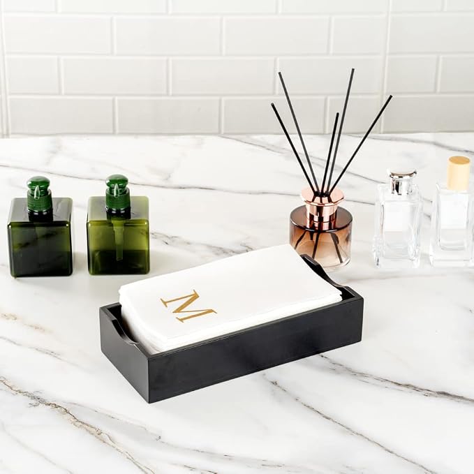 Restaurantware Napkins Pack of 300 Gold Letter M Linen-Feel Paper Disposable Guest Towels 15.75 x 7.87 Inches, Elegant Airlaid White Napkins For Birthdays, Weddings and Catering Events