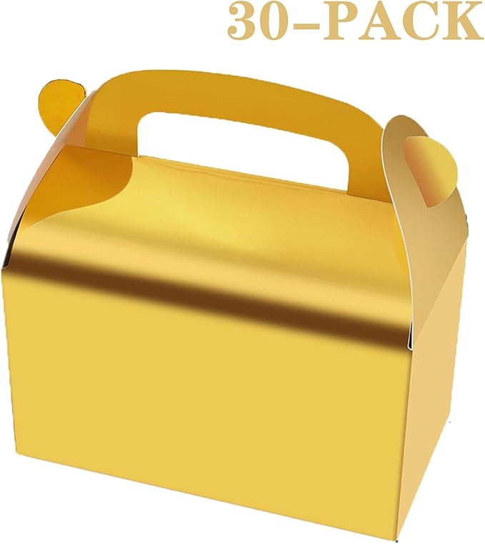 30-Pack Gold Party Favor Treat Boxes, Goodie Boxes, Gable Paper Gift Boxes with Handles. Perfect for Wedding, Birthday, Graduation, Babyshower.