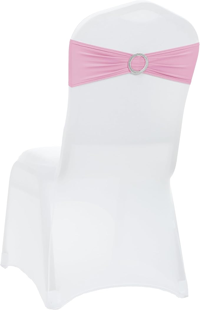 VDS - Blush Pink | Spandex Chair Sashes Bows | 250 PCS | Stretch Elastic Banquet Universal Folding Chair Band Tie with Silver Buckle Slider for Wedding Party Conference Celebration Event Decoration