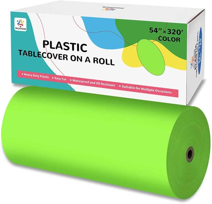 54IN X 320FT Plastic Table Cover Roll with Cutter Box, Cut to Size Plastic Table Cloths for Parties, Birthday, Disposable Tablecloth Roll for All Shape Tables (Lime Green, 54 Inch X 320 Feet)