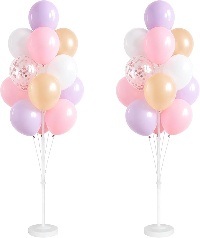 Balloon Column Kit Set of 2,Anti-Tip Sand-Fill Base Balloon Tower Stand with 10" 26pc pink purple Confetti Balloons,Height Adjustable for Easter Birthday Wedding Bridal Party Decorations