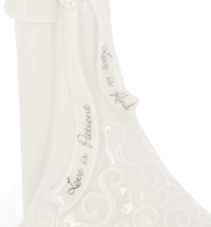 Roman 8.5" Wedding Cake Topper – Elegant Bride and Groom Figurine with “Love Is Patient” Inscription, Porcelain Finish, Wedding or Anniversary Keepsake
