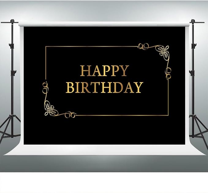 YongFoto Happy Birthday Backdrop 10x8ft Royal Black Gold Nordic Style Photography Background Kids Adult Birthday Party Cake Table Banner Decorations Photoshoot Portraits Photo Studio Booth Props