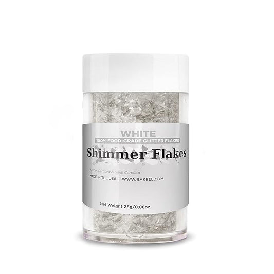 BAKELL Edible Glitter Flakes | Vegan White Edible Shimmer Flakes | KOSHER Certified | Halal Certified | 100% Edible & Food Grade | Cakes, Cupcakes, Decoration (White, 25g)