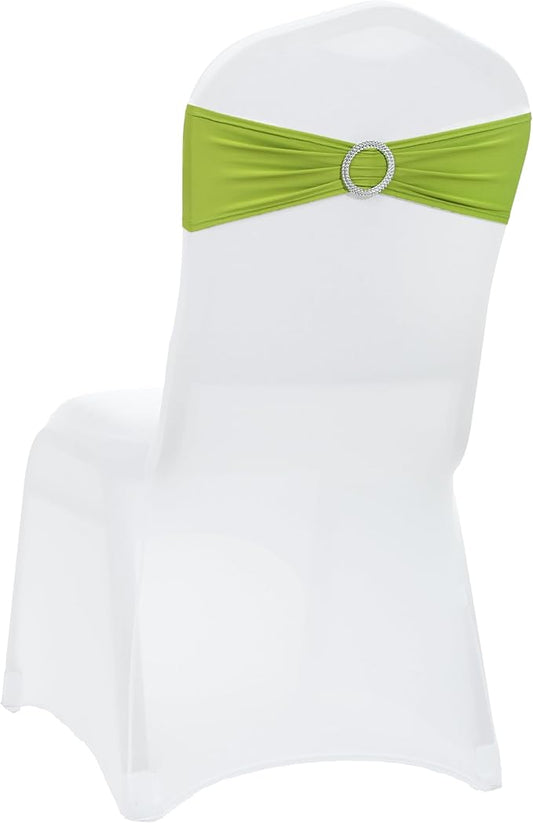 VDS - Apple Green | Spandex Chair Sashes Bows | 75 PCS | Stretch Elastic Banquet Universal Folding Chair Band Tie with Silver Buckle Slider for Wedding Party Conference Celebration Event Decoration