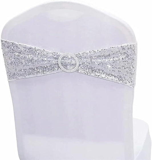 NC Sequin Chair Sashes Spandex, Pack of 100 Sequin Stretch with Buckle Chair Bands for Wedding Banquet Birthday Graduation Party Anniversary Prom Celebration Chair Decorations (Silver, 100pcs)