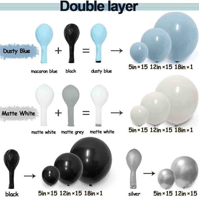 Blue Black Balloon Garland Double Stuffed Dusty Blue White Balloons Black Silver Balloon Arch for Birthday Wedding Graduation Baby Shower Anniversary Party Decorations