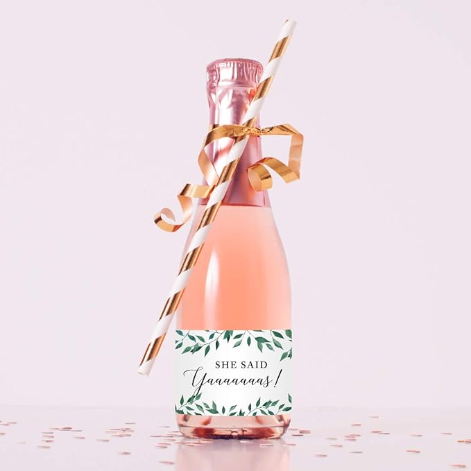 Andaz Press Mini Champagne Wine Bottle Labels, She Said Yaaaaaaas!, Greenery Green Leaves, 20-Pack, Mini Champagne Favor Gift Labels Stickers Bridal Shower Bachelorette