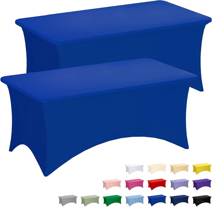 Fixwal Royal Blue Stretch Table Cloth Rectangle 2 Pack 6Ft, Spandex Fitted Table Covers Washable for Party, Trade Show, Banquet, Wedding, Buffet