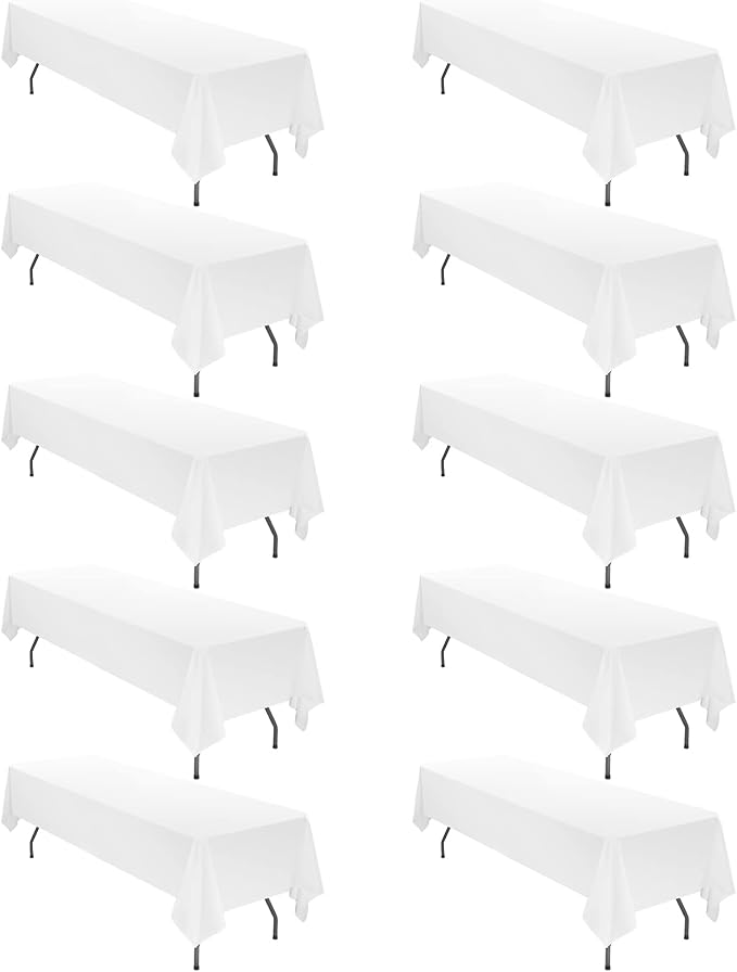 fani 10 Pack White Rectangle Tablecloth, 60 x 126 Inch Polyester Tablecloth for 8 Ft Table, Stain Resistant Washable Fabric Table Cloth Rectangular Table Cover for Wedding Party Dining Banquet