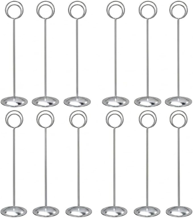 HOHIYA 12 Pack Silver Table Number Holders 12" Wedding Place Card Stands | Modern silver stands display table numbers, menus, photos and event cards for receptions, hotels and business events.