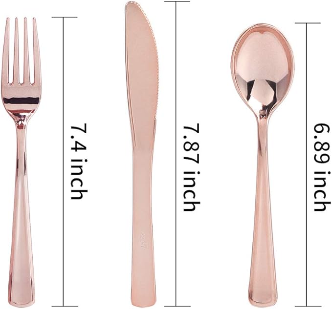 WDF 300 Pieces Rose Gold Plastic Silverware- Disposable Flatware Set - Heavy Duty Plastic Cutlery Includes 100 Forks, 100 Spoons, 100 Knives Perfect for Wedding/Party/Birthday/Mother's Day