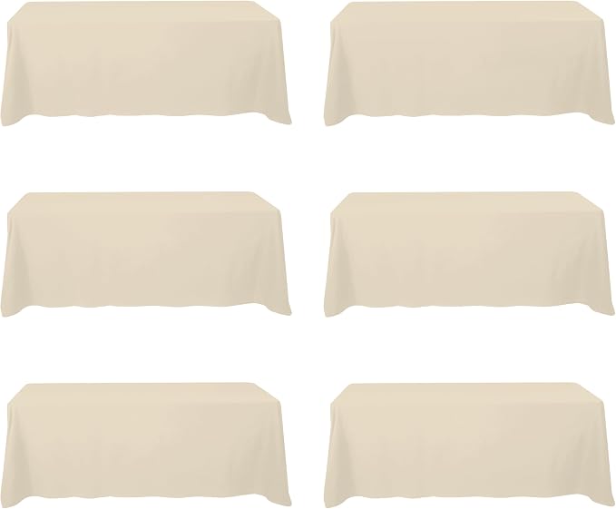BRILLMAX 6 Pack Beige Tablecloths 90 x 156 Inch for 8ft Rectangle Tables - 150 GSM Polyester Fabric, Floor Length Drop, Water, Stain & Wrinkle Resistant Cloth Cover for Wedding Reception Banquet