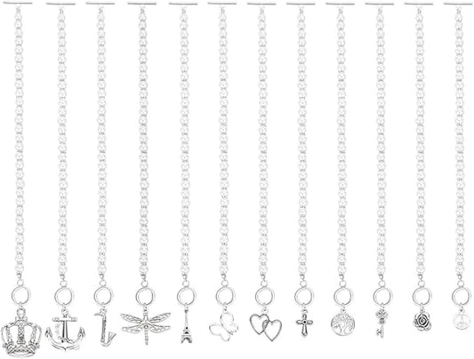 FINGERINSPIRE 12Pcs 10Inch White Individual Pearl Beaded Wedding Cake Pulls 12Style Wedding Cake Charm Pull with Alloy Silver Charm Bracelet for Birthday Party Wedding Decoration Bridesmaid Luncheon