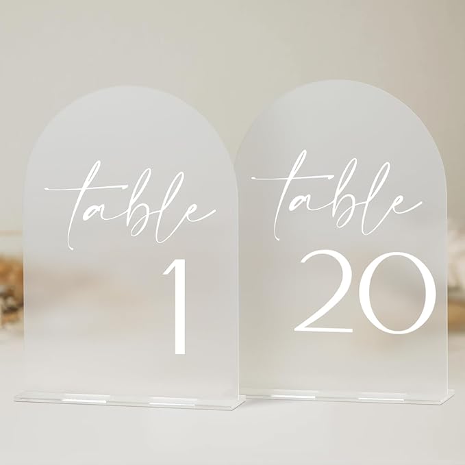 HOODO Frosted Arch Acrylic Table Numbers 1-20 with Stands, 5"x7" Acrylic Arch Signs and Holders, Frosted Table Numbers for Wedding Reception, Party, Anniversary, Event