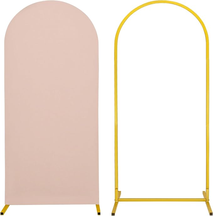 Metal Arch Stand and Cover Set,1 Nude Spandex Fitted Backdrop with 1 Gold Wedding Arched Stand Frame for Parties Birthday Baby Shower Bridal Banquet Decoration (6FT)