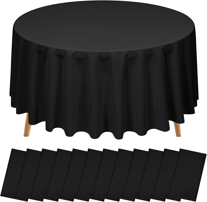 12 Pack Black Tablecloth 90 Inch Round Table Cover | Wrinkle Resistant, Machine Washable Reusable, Wedding, Banquet, Restaurant, Party, Baby Shower,Indoor Outdoor Events