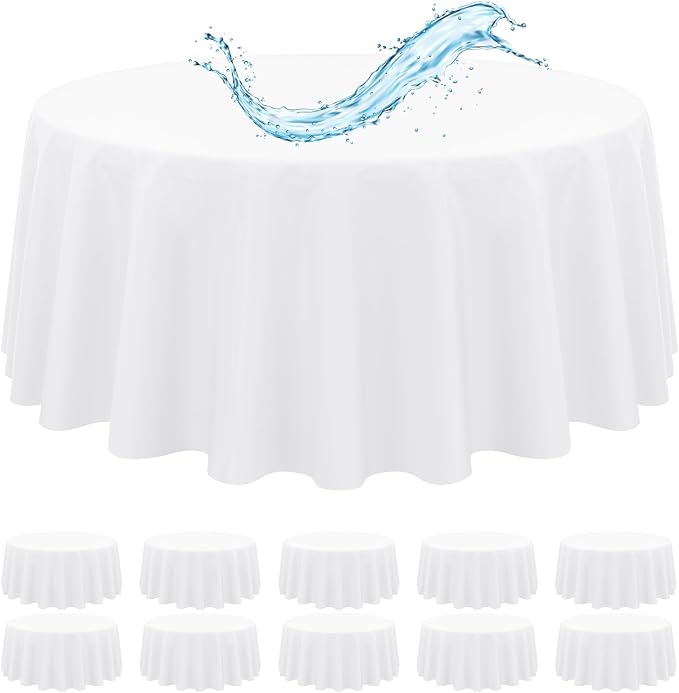 10 Pack White Round Tablecloth 120 Inch, Waterproof Polyester Table Cloth for Round Tables, White Tablecloths Stain and Wrinkle Resistant Washable Fabric Table Cover for Party Dining Wedding Banquet