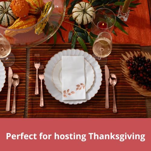 By Madee HEAVYWEIGHT 100 Pc Fancy Disposable Plates Set | Ivory Scalloped Premium Disposable Plates with Rose Gold Trim | 50 Dinner & 50 Dessert Plates (50 Guests)
