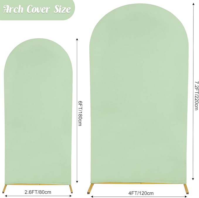 Set of 2 Wedding Arch Cover 2-Sided Round Top Spandex Fitted Arch Backdrop Cover for Birthday Party Baby Shower Wedding Arch Stand Decor（7.2FT, 6FT, Sage Green）