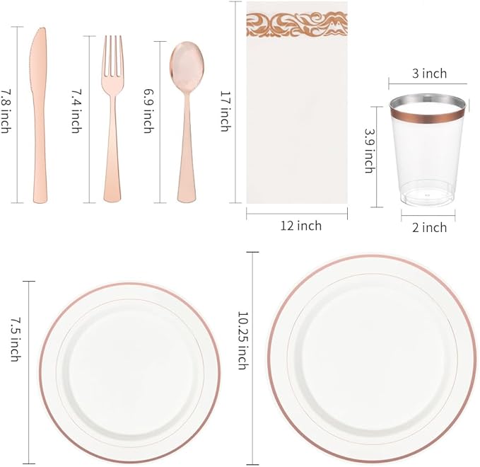 TTFM 175 Piece Plastic Dinnerware Set for 25 Guests, Plastic Plates for Party, Includes 25 Dinner Plates, 25 Dessert Plates, 25 Pre Rolled Napkins With Plastic Silverware, and 25 Cups (Rose Gold)