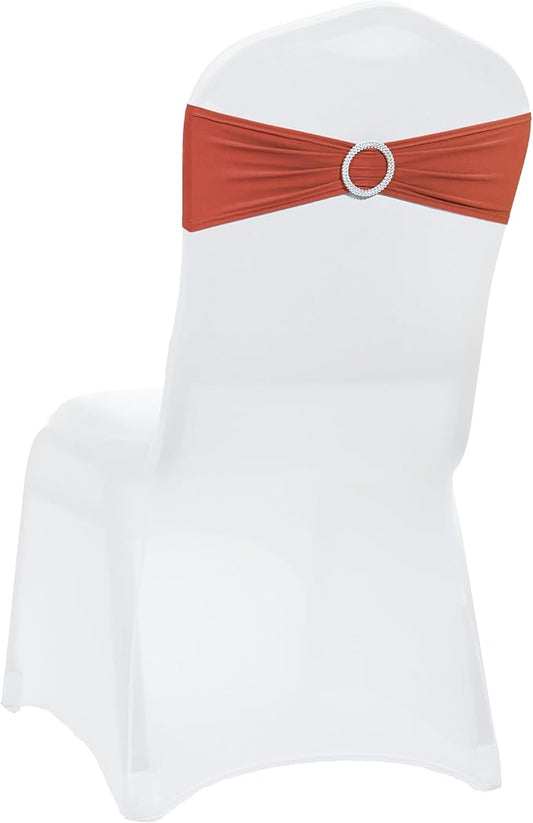 VDS - Terracotta | Spandex Chair Sashes Bows | 250 PCS | Stretch Elastic Banquet Universal Folding Chair Band Tie with Silver Buckle Slider for Wedding Party Conference Celebration Event Decoration