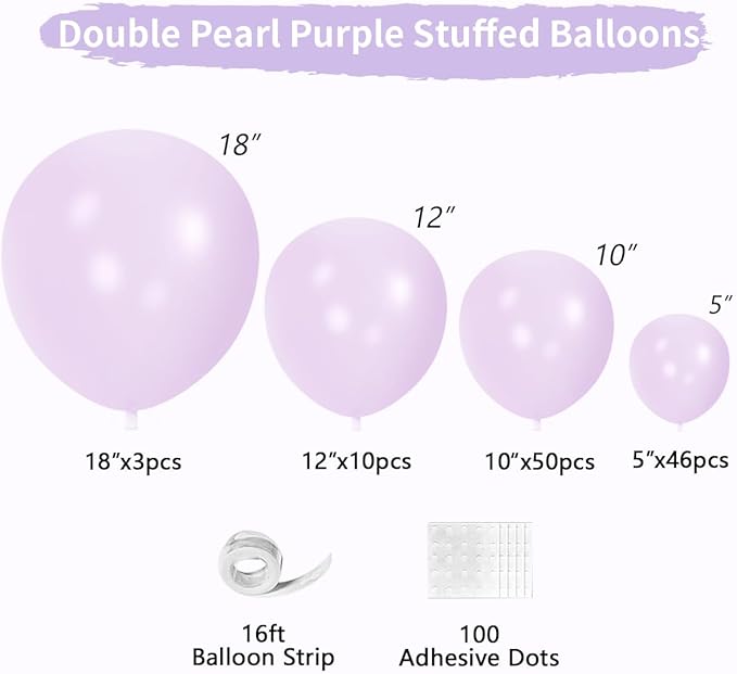 Double Pearl Purple Stuffed Balloons Different Size 115Pcs 5/10/12/18" Light Purple Balloon Arch Kit for Princess Birthday Baby Shower Bridal Shower Engagement Ocean Sea Frozen Theme Party