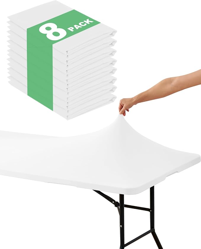KeyWave Fitted Tablecloth Rectangle Table Cloths - 8 Pack 8 Foot Elastic Stretch Folding Table Top Cover Water-Resistant Reusable for Outdoor Picnic Camping Party Event, White, 96" L x 30" W