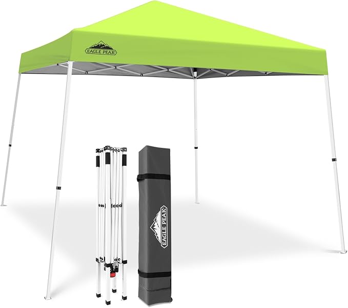 EAGLE PEAK 10x10 Slant Leg Pop-up Canopy Tent Easy One Person Setup Instant Outdoor Beach Canopy Folding Portable Sports Shelter 10x10 Base 8x8 Top (Neon Green)