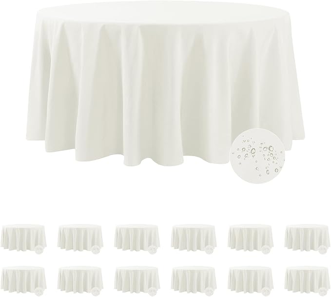 Fokitut 12 Pack Waterproof Round Tablecloth, 120 Inch, Stain Resistant and Wrinkle Polyester Table Cloth, Fabric Table Cover for Kitchen Dining, Wedding, Party, Holiday Dinner-Ivory