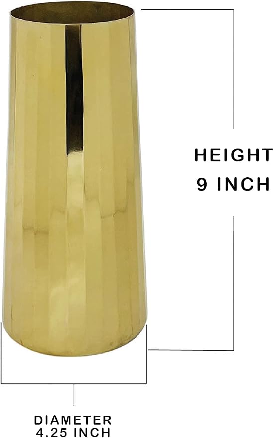 Serene Spaces Living Large Gold Cylinder Metal Vase, Elegant Flower Vase for Wedding, Anniversary, Event, Home Decor, Table Centerpiece for Coffee Table, Dining Table, Countertop, 4.25" Dia & 9" Tall