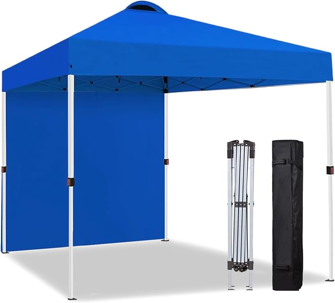 10x10 Pop Up Canopy Tent with One Sidewall, Instant Folding Outdoor Shelter with Air Vent, High Strength Steel Frame and Handheld Carry Bag for Backyard Party, Camping, Blue