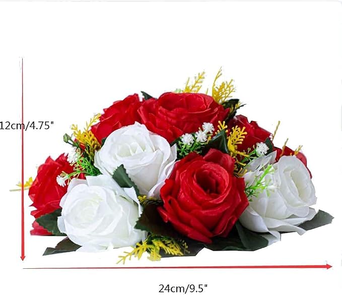 Artificial Flower Centerpieces for Tables: 2pcs of Rose Flower Balls, Flower Kissing Balls, Fake 15-head Plastic Flower Roses with Base for Birthday Party Christmas Home Wedding Decor (Red White)